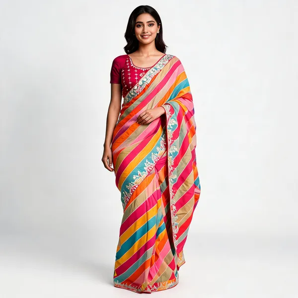 Multicolor_Mix_Chiffon_Striped_Saree_With_Blouse_For_Women