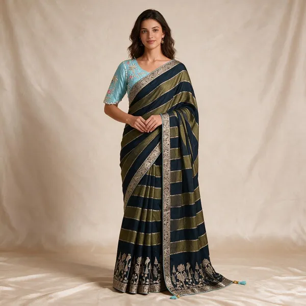 Navy_Blue_Mix_Chiffon_Striped_Saree_With_Blouse_For_Women