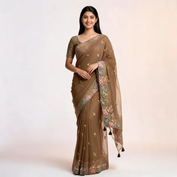 Brown_Mix_Chiffon_Embroidered_Saree_With_Blouse_For_Women