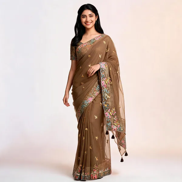 Brown_Mix_Chiffon_Embroidered_Saree_With_Blouse_For_Women