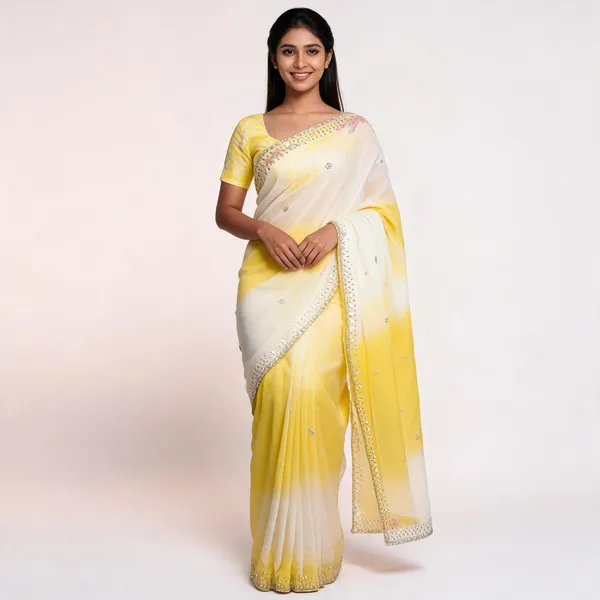 Yellow_White_Mix_Chiffon_Embellished_Saree_With_Blouse_For_Women