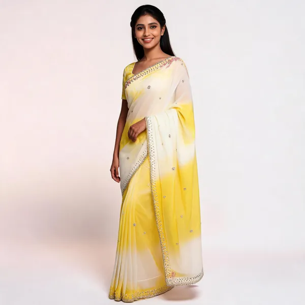 Yellow_White_Mix_Chiffon_Embellished_Saree_With_Blouse_For_Women