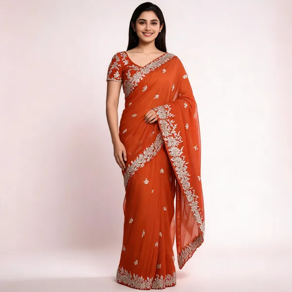 Orange_Silver_Mix_Chiffon_Embroidered_Saree_With_Blouse_For_Women
