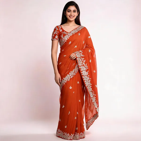 Orange_Silver_Mix_Chiffon_Embroidered_Saree_With_Blouse_For_Women