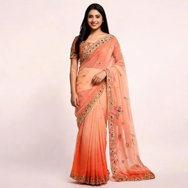 Peach_Mix_Chiffon_Embroidered_Saree_With_Blouse_For_Women