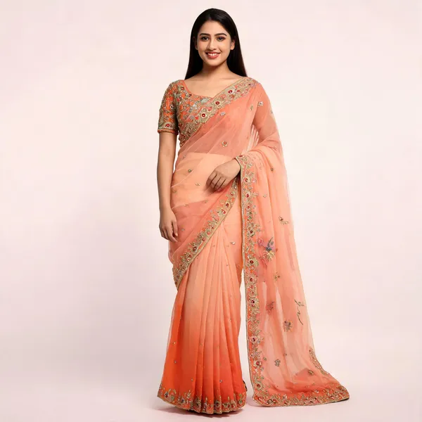Peach_Mix_Chiffon_Embroidered_Saree_With_Blouse_For_Women