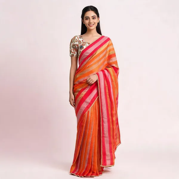 Red_Orange_Mix_Chiffon_Striped_Saree_With_Blouse_For_Women