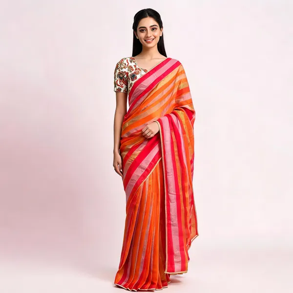 Red_Orange_Mix_Chiffon_Striped_Saree_With_Blouse_For_Women