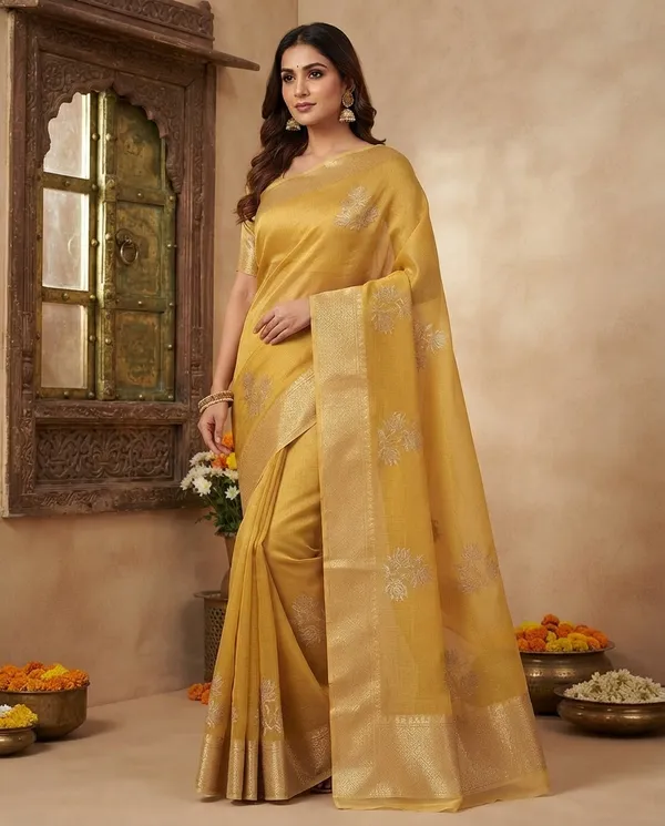 Mustard_Mix_Chiffon_Floral_Saree_With_Blouse_For_Women
