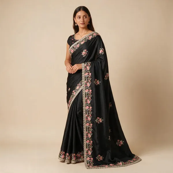 Black_Mix_Chiffon_Floral_Saree_With_Blouse_For_Women