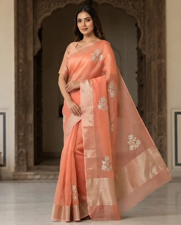 Peach_Mix_Chiffon_Floral_Woven_Saree_With_Blouse_For_Women