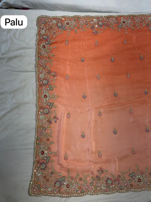 Peach_Mix_Chiffon_Embroidered_Saree_With_Blouse_For_Women