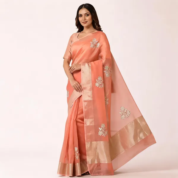 Peach_Mix_Chiffon_Floral_Woven_Saree_With_Blouse_For_Women