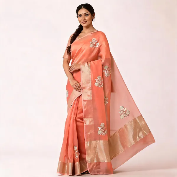 Peach_Mix_Chiffon_Floral_Woven_Saree_With_Blouse_For_Women