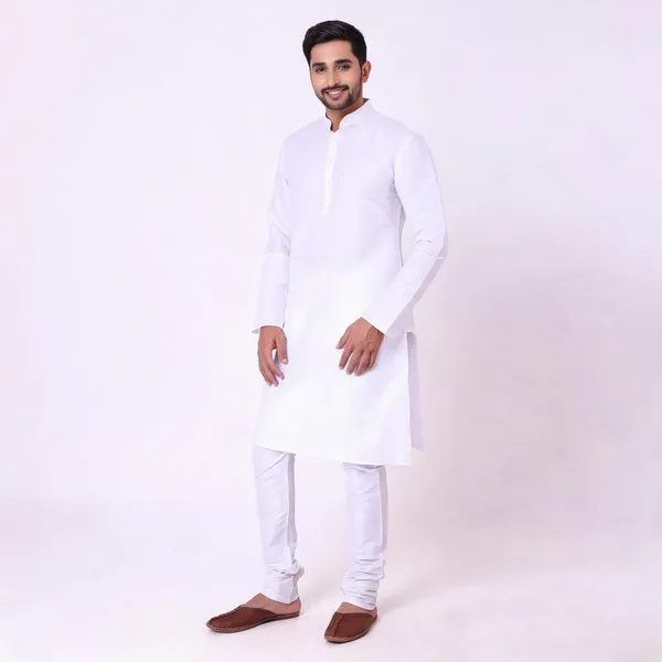 White_Art_Silk_Straight_Fit_Kurta_Pajama_Set_For_Men