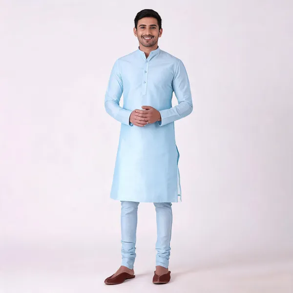 Light_Blue_Art_Silk_Straight_Kurta_Pajama_Set_For_Men