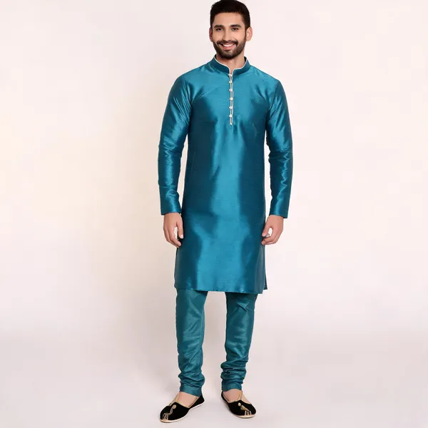 Teal_Art_Silk_Straight_Kurta_Pajama_Set_For_Men