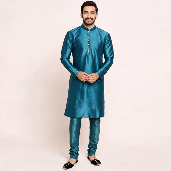 Teal_Art_Silk_Straight_Kurta_Pajama_Set_For_Men