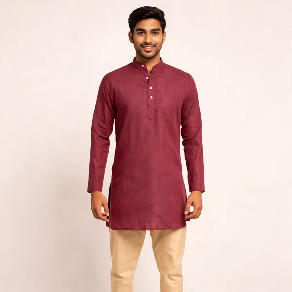 Maroon_Linen_Cotton_Regular_Fit_Kurta_For_Men