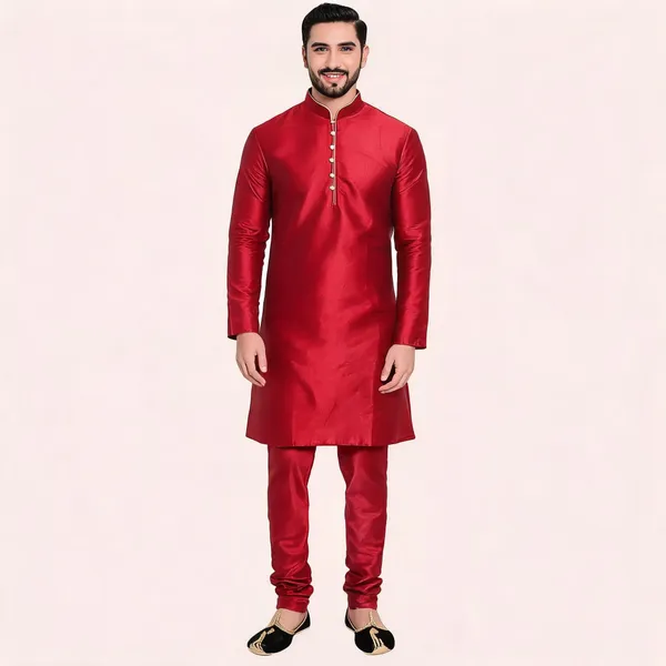 Red_Art_Silk_Straight_Kurta_Pajama_Set_For_Men