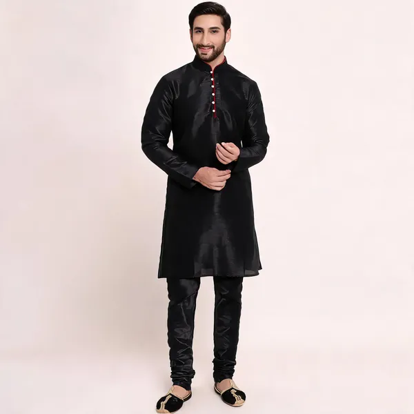 Black_Art_Silk_Regular_Fit_Kurta_Pajama_Set_For_Men