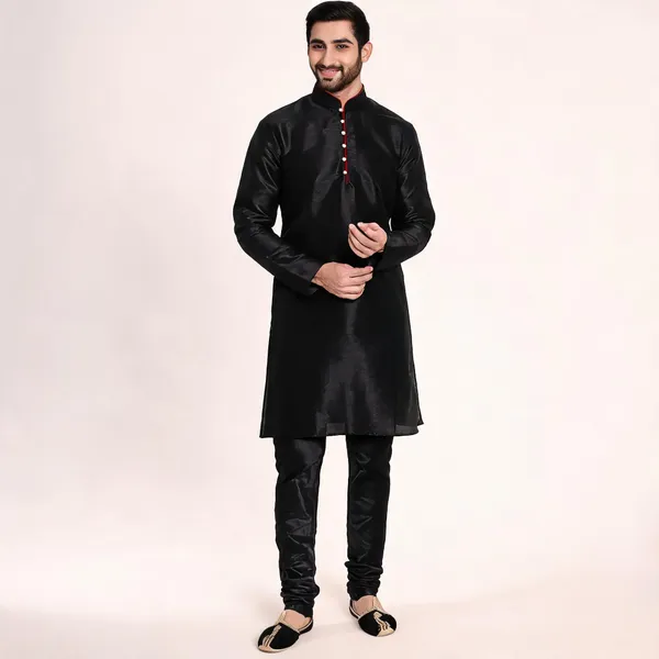 Black_Art_Silk_Regular_Fit_Kurta_Pajama_Set_For_Men