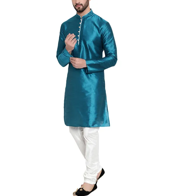 Blue_Shiny_Fabric_Regular_Fit_Kurta_for_Men