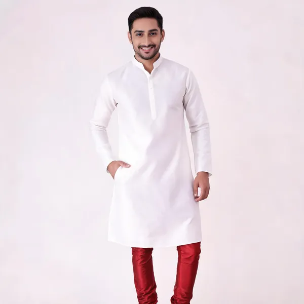 White_Art_Silk_Straight_Fit_Kurta_For_Men