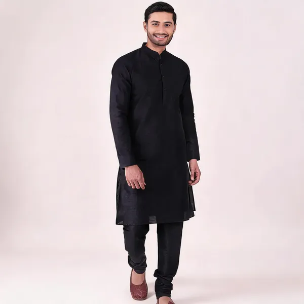Black_Art_Silk_Straight_Kurta_Pajama_Set_For_Men