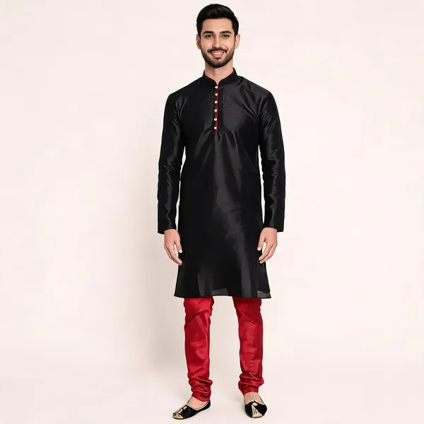 Black_Art_Silk_Straight_Kurta_Set_For_Men