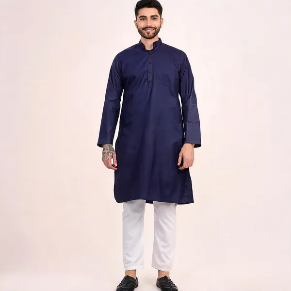 Navy_Blue_Cotton_Straight_Solid_Kurta_For_Men