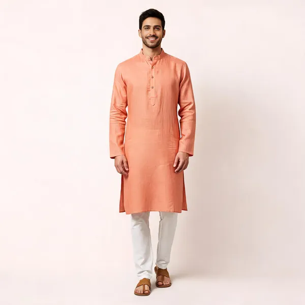 Peach_Linen_Cotton_Straight_Solid_Kurta_For_Men