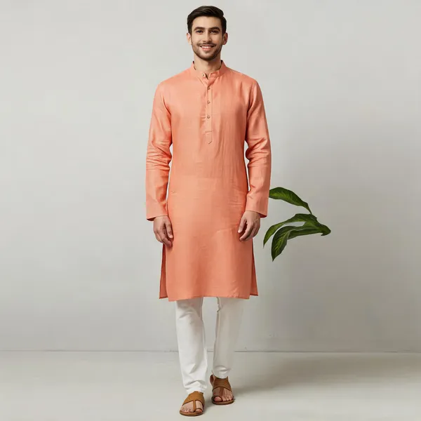 Peach_Linen_Cotton_Straight_Solid_Kurta_For_Men