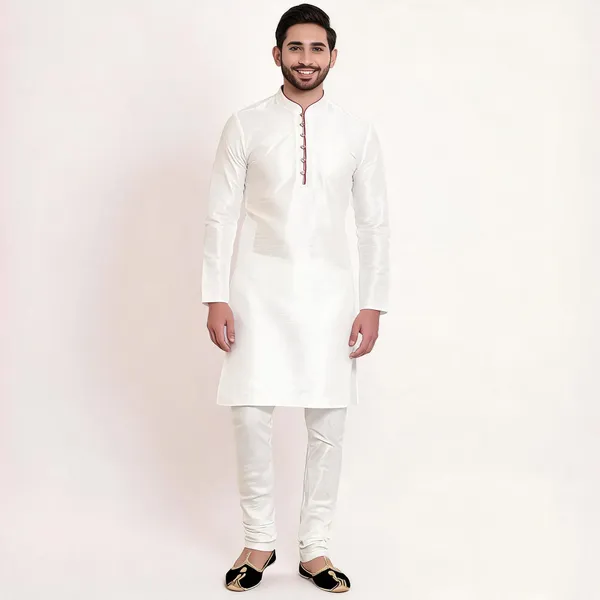 White_Art_Silk_Straight_Kurta_Pajama_Set_For_Men