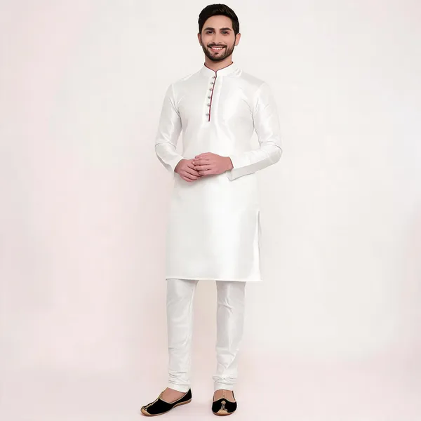 White_Art_Silk_Straight_Kurta_Pajama_Set_For_Men