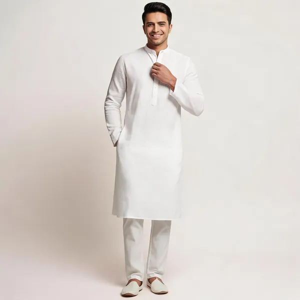 White_Linen_Cotton_Straight_Textured_Kurta_Set_For_Men