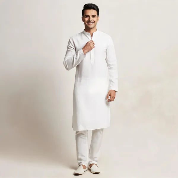 White_Linen_Cotton_Straight_Textured_Kurta_Set_For_Men
