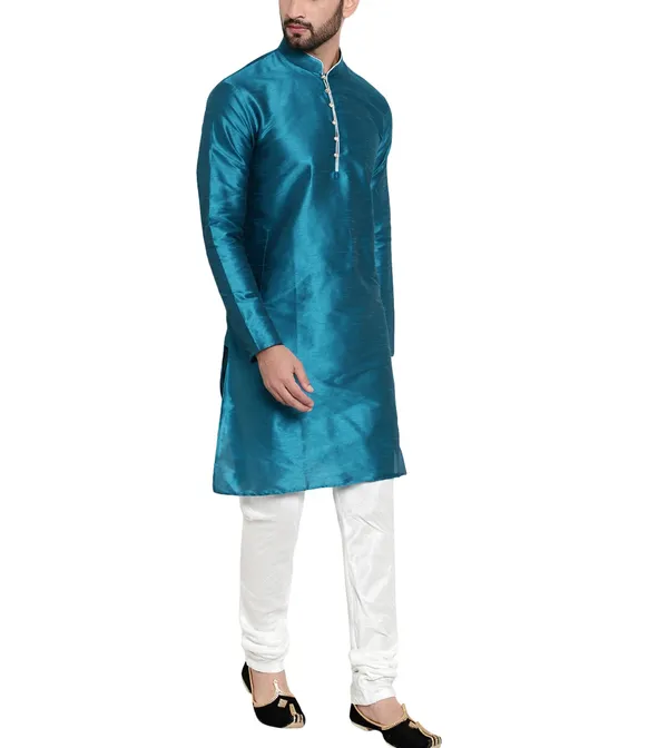 Blue_Shiny_Fabric_Regular_Fit_Kurta_for_Men