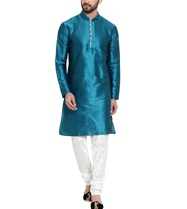 Blue_Shiny_Fabric_Regular_Fit_Kurta_for_Men