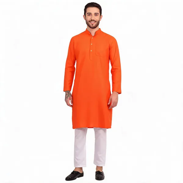 Orange_Cotton_Straight_Solid_Kurta_For_Men