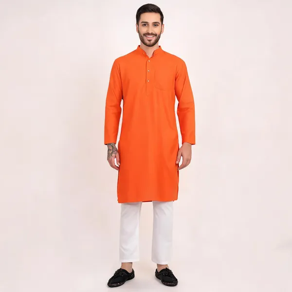 Orange_Cotton_Straight_Solid_Kurta_For_Men