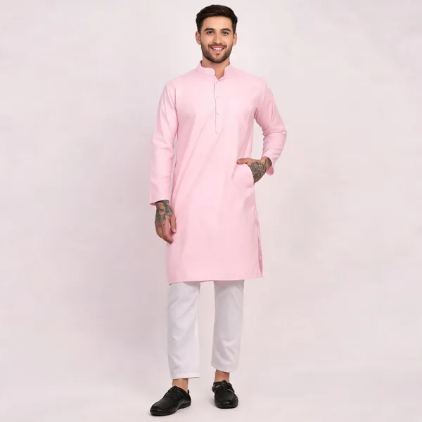 Pink_Cotton_Straight_Solid_Kurta_For_Men