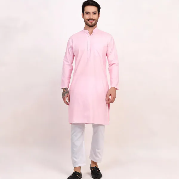 Pink_Cotton_Straight_Solid_Kurta_For_Men