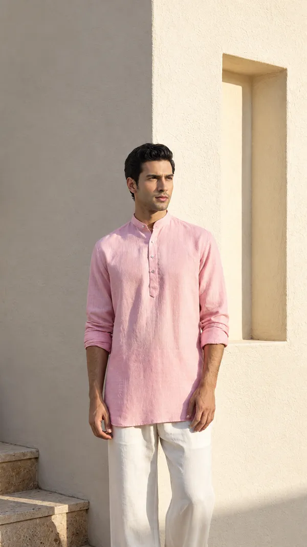 Pink_Linen_Cotton_Regular_Fit_Casual_Short_Kurta_For_Men
