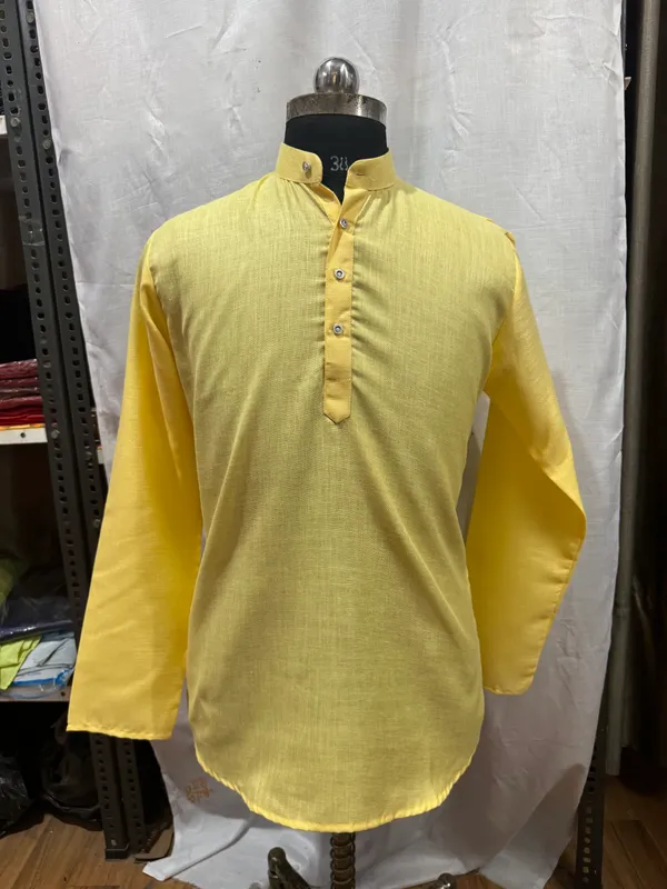 Yellow_Woven_Mandarin_Collar_Kurta_for_Men