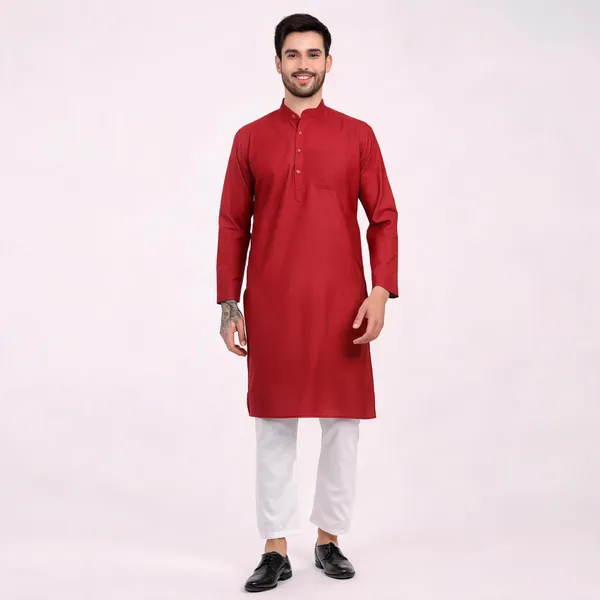 Red_Cotton_Straight_Solid_Kurta_For_Men
