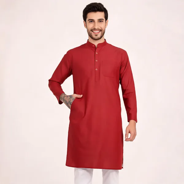 Red_Cotton_Straight_Solid_Kurta_For_Men