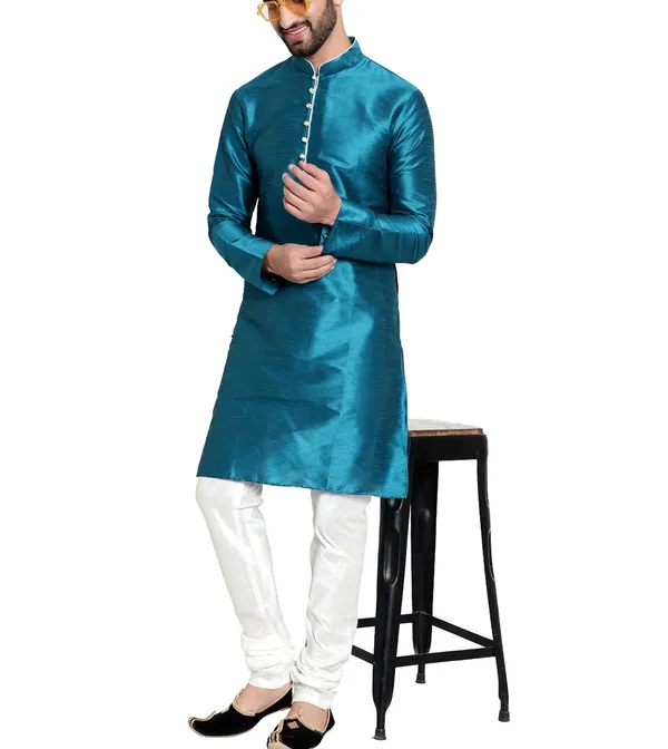 Blue_Shiny_Fabric_Regular_Fit_Kurta_for_Men