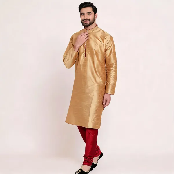 Gold_Art_Silk_Straight_Fit_Kurta_Set_For_Men