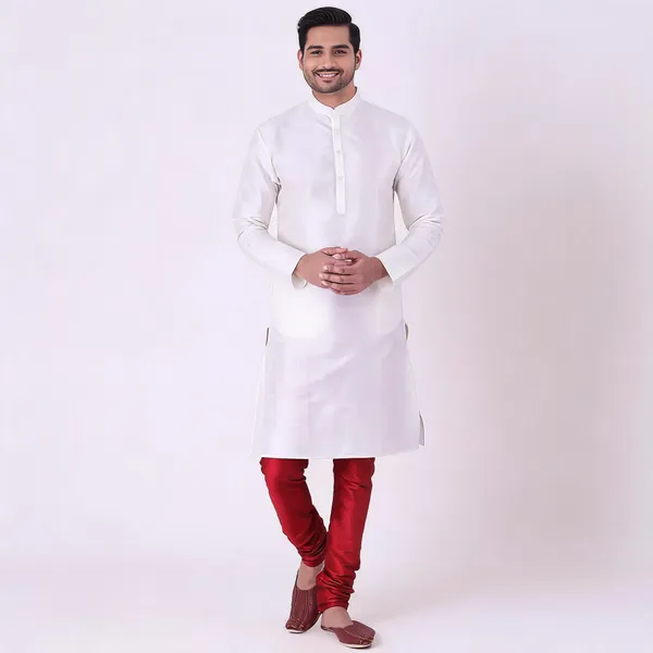White_Art_Silk_Straight_Fit_Kurta_For_Men